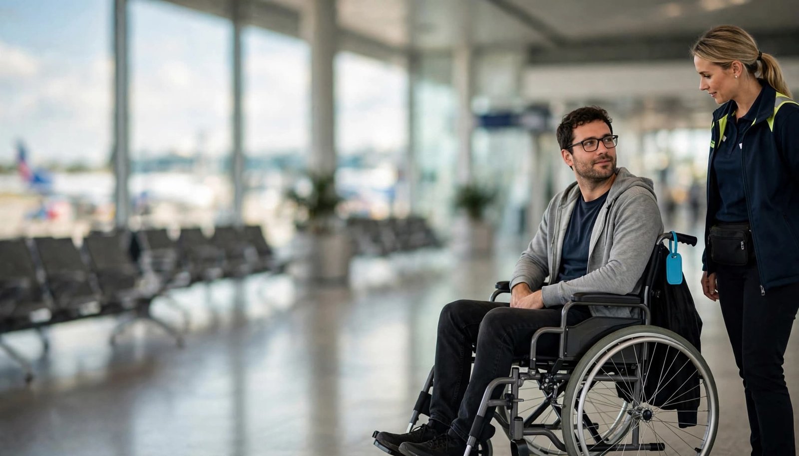Airline Disability Assistance: What U.S. Rules Require A man in a wheelchair talking to an airport staff member in a terminal.