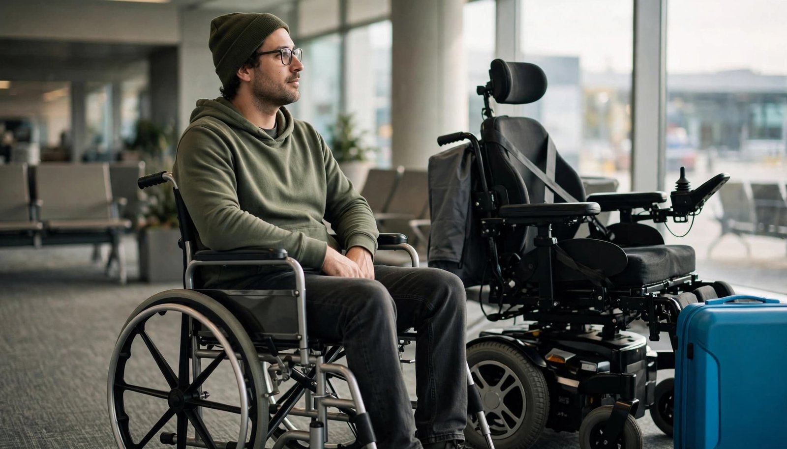 What to Do When an Airline Damages Your Wheelchair A man in a beanie seated in a manual wheelchair next to his power wheelchair in an airport.