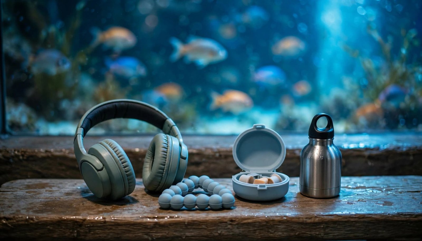 Autism-Friendly Aquarium Visits: A Calmer Family Plan Headphones, a fidget toy, ear plugs, and a water bottle sit on a bench by an aquarium.