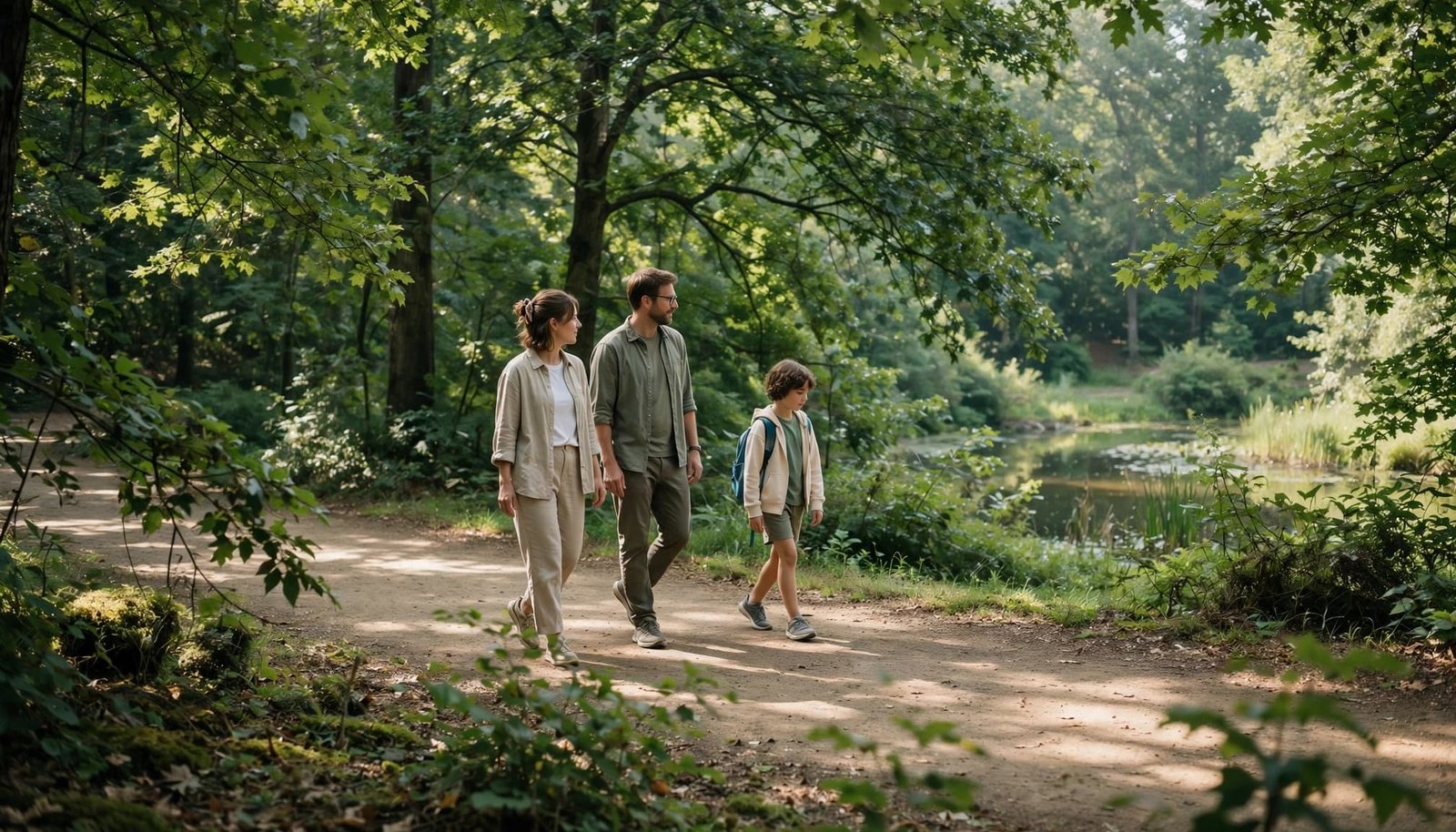 Autism-Friendly Atlanta: Your First Family Vacation Two parents and a child walk along a shaded green trail near a pond.