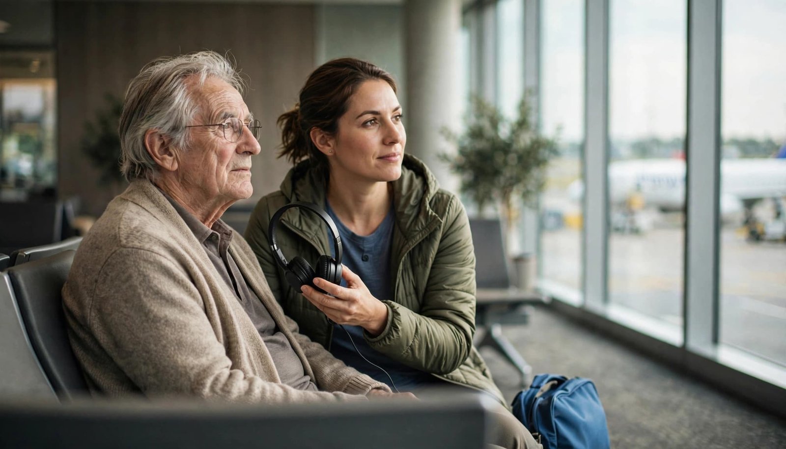 An older man and a woman sitting in an airport waiting area, with the woman holding headphones.