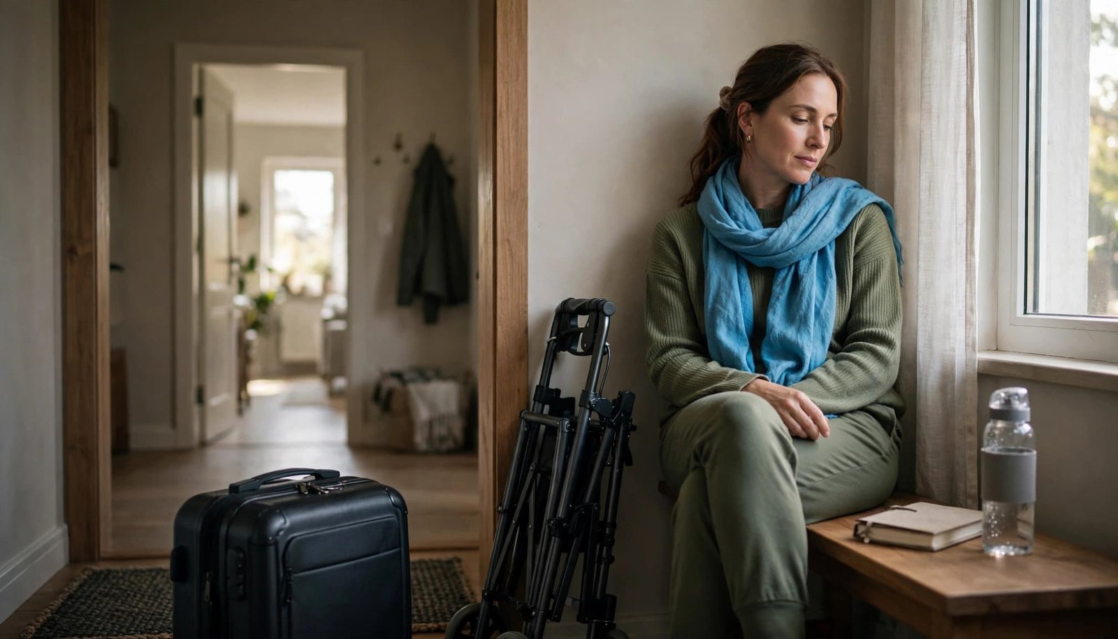 Traveling With Long COVID: Protect Your Energy A woman wearing a blue scarf sits by a window near a suitcase and a folded mobility aid.