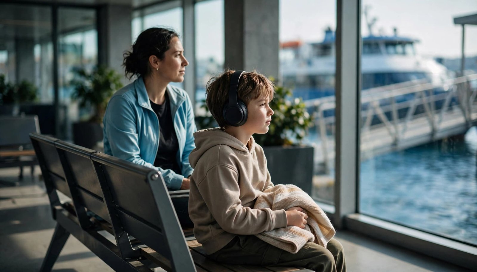 A woman and a boy with headphones and a blanket sit on a bench by a window overlooking a ferry.