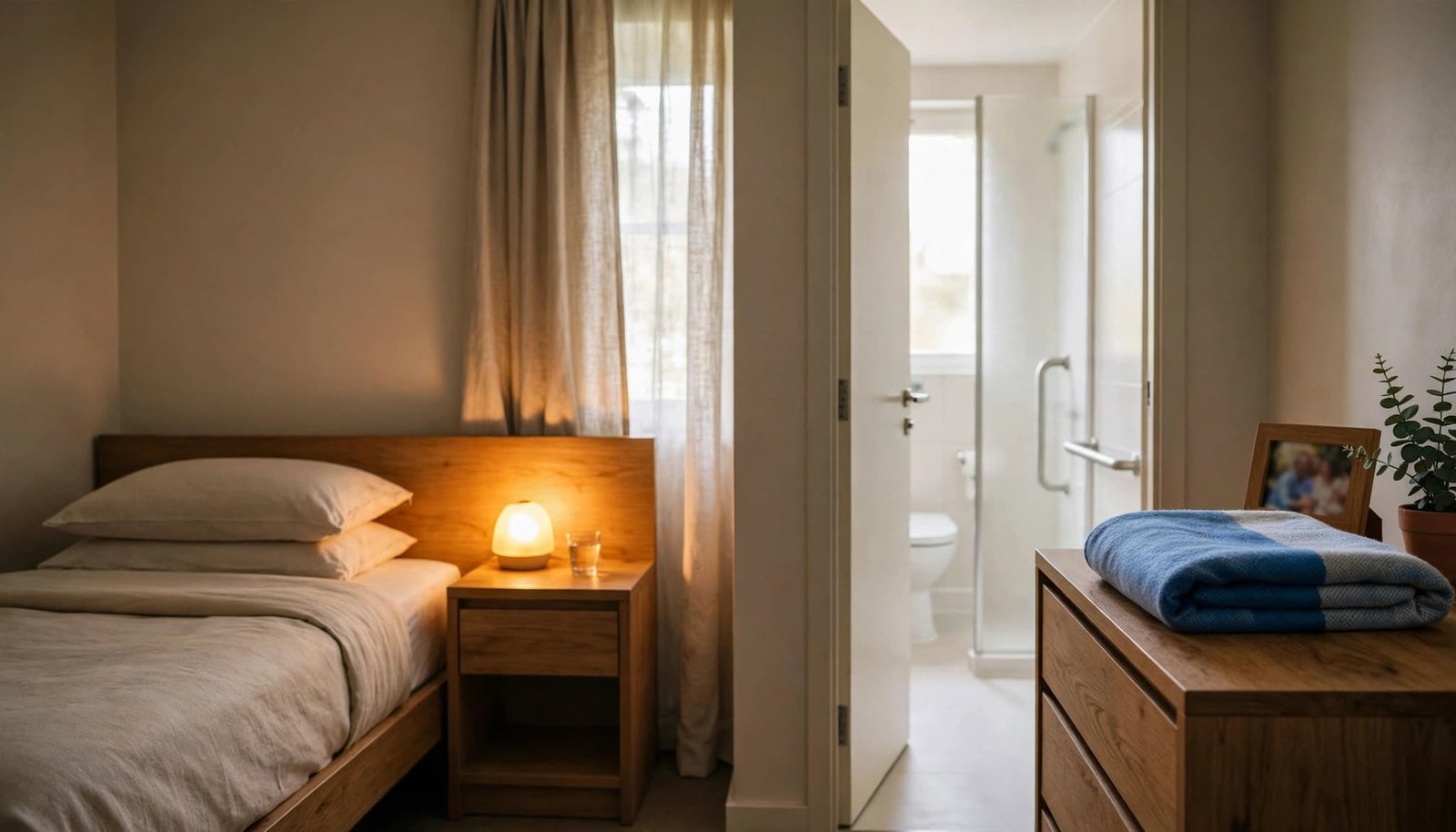 A warm hotel room with a low bed, a night light, a blue blanket, and an open door to a bathroom.