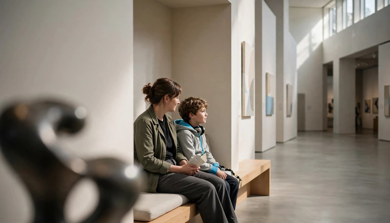 A child pauses with a caregiver holding a folded schedule in a museum gallery.
