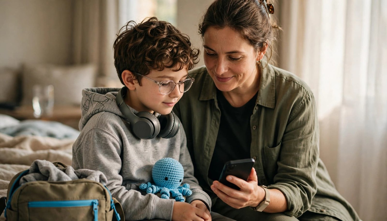 My Disney Experience: Autism Travel Planning A woman and a young boy with glasses and headphones look at a smartphone together.
