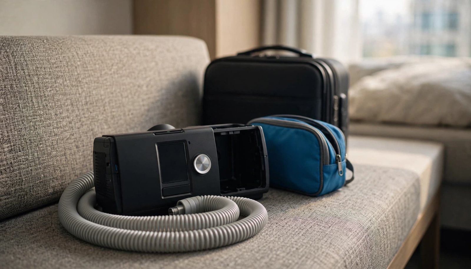 A packed CPAP machine and tubing sit beside a blue pouch and carry-on bag.