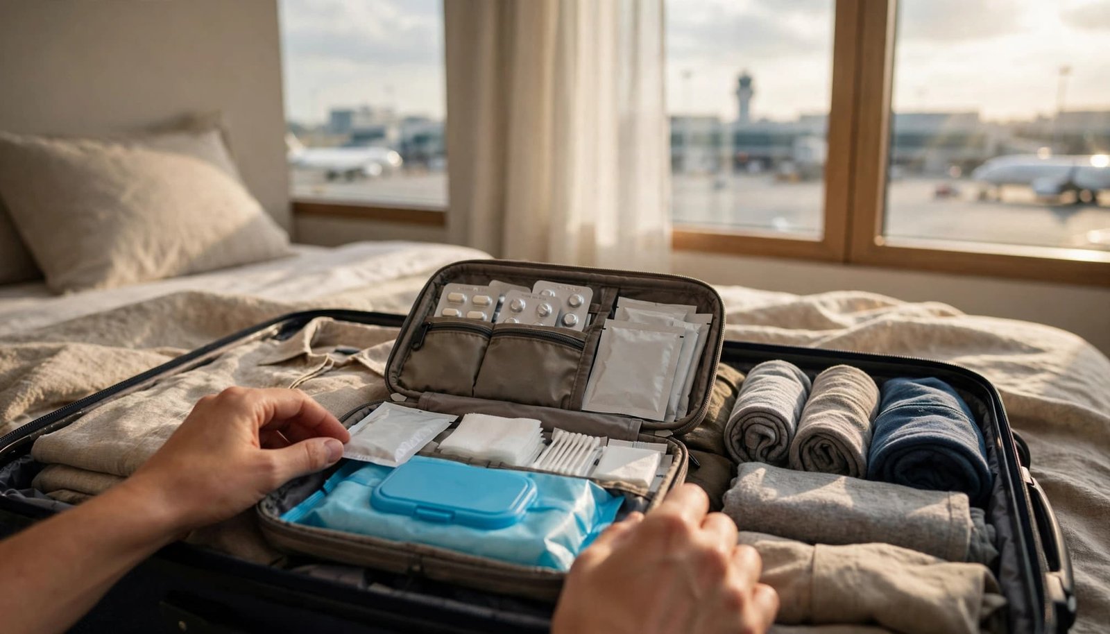 Traveling With Crohn's Disease: Bathrooms and Meal Planning Hands organize medication, sachets, and wipes beside an open suitcase in a bright hotel room.