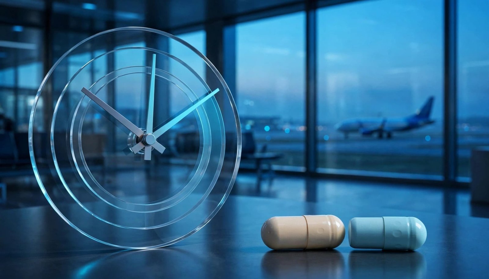Managing Prescription Schedules Across Time Zones A clear glass clock face and two pills rest on a surface in an airport lounge with an airplane outside.