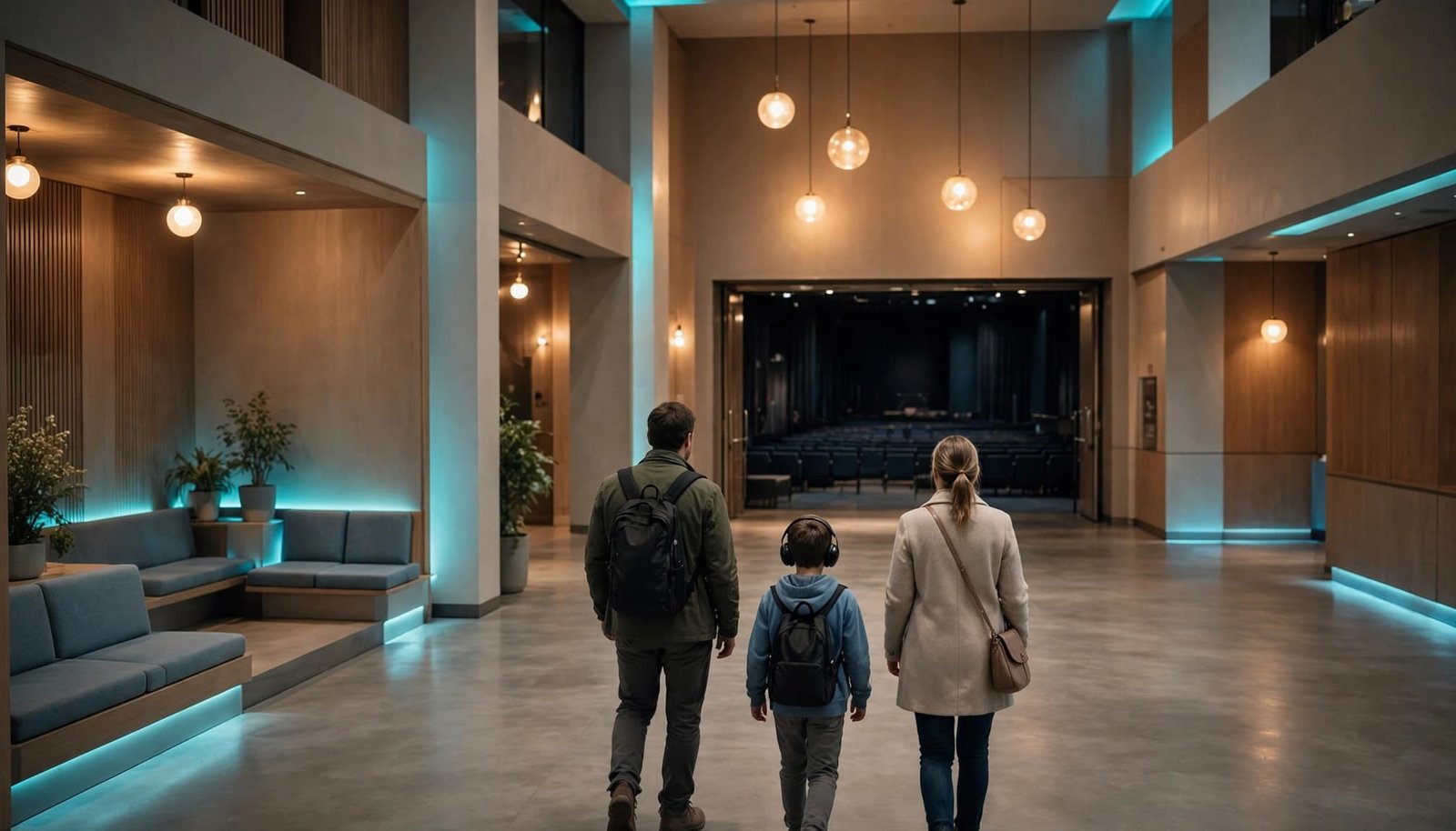 Autism-Friendly Seattle Family Vacation Guide A family of three walks into a modern, softly lit theater lobby.