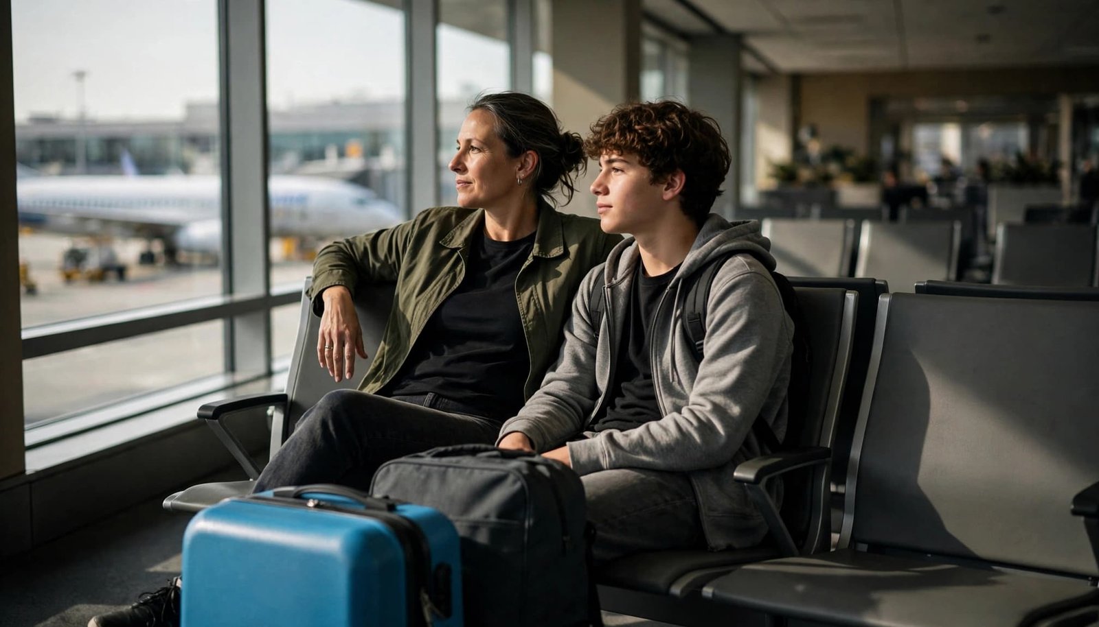 Traveling With Epilepsy: A Family Vacation Safety Plan An adult woman and a teen boy sitting together on airport seating looking out a window at a plane.