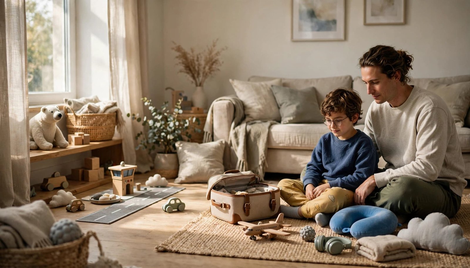 Traveling With an Intellectual Disability: Family Guide A parent and child sit on a living room rug playing with travel-themed toys and an open bag.