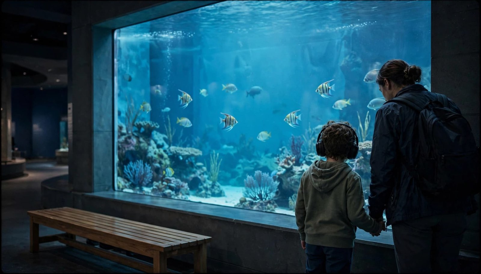Autism-Friendly Aquarium Visits: A Calmer Family Plan A child and caregiver watch fish through a large aquarium window.