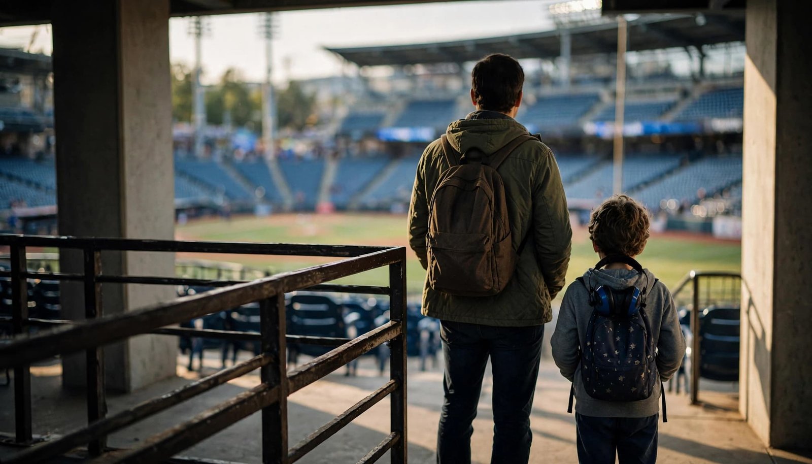 Live Sports With an Autistic Child: A Sensory Plan An adult and child with backpacks stand from behind, looking out at an empty baseball stadium.