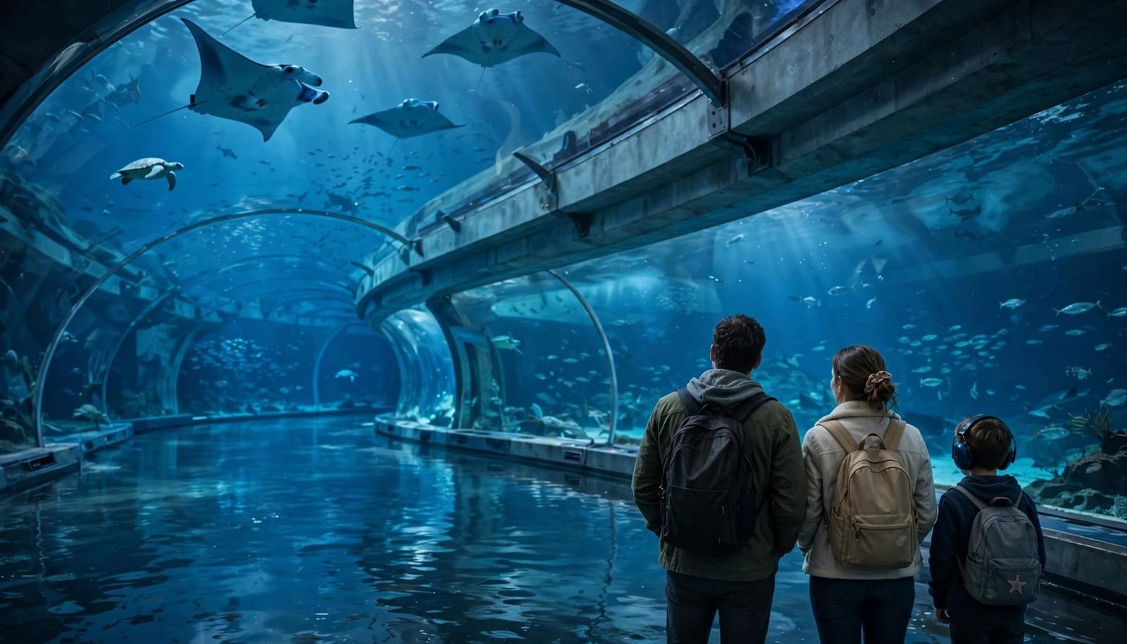 Autism-Friendly Atlanta: Your First Family Vacation Two parents and a child watch fish and manta rays in a blue-lit aquarium tunnel.