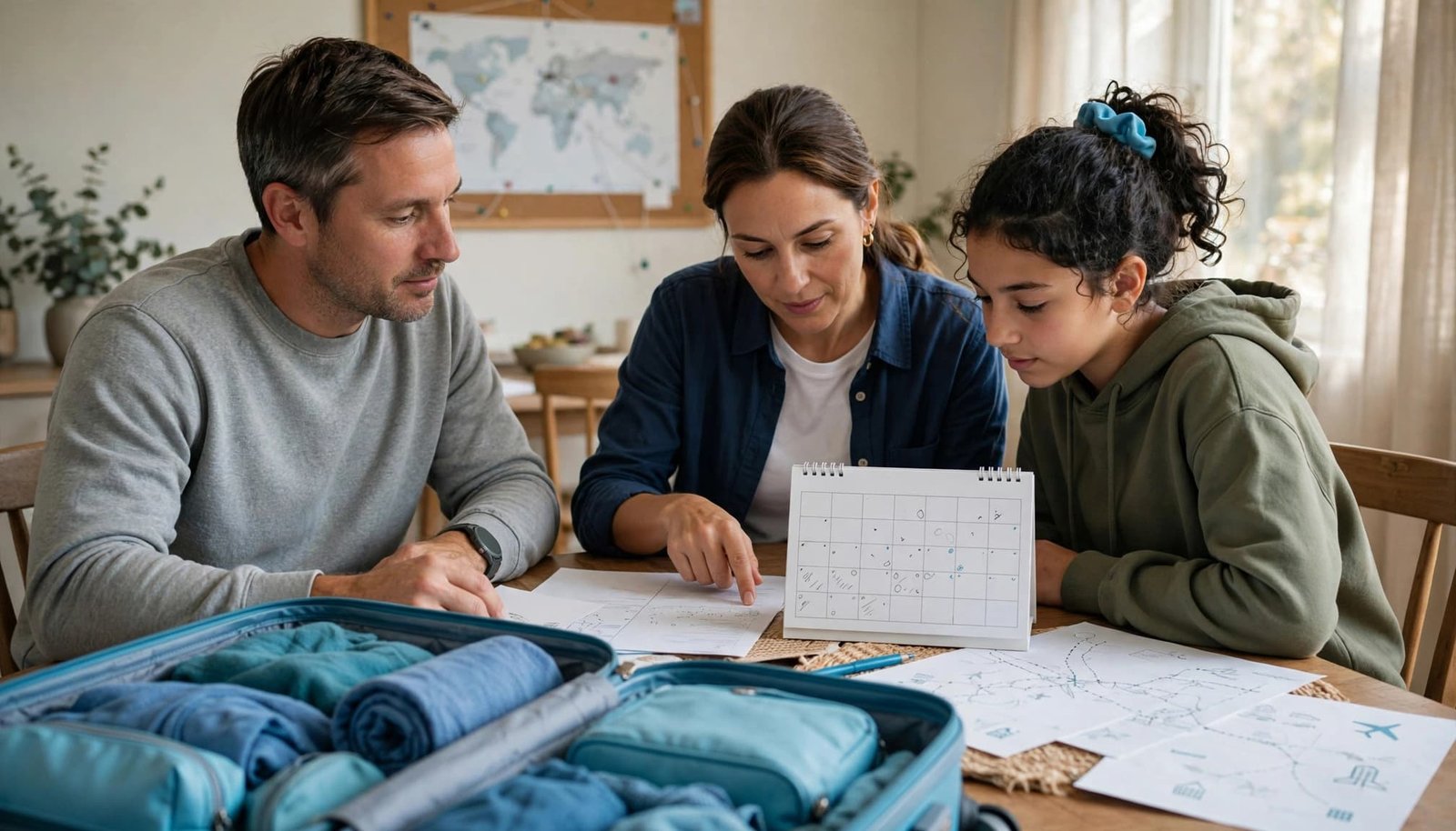 Traveling With Dialysis: A Family Vacation Planning Guide Three family members review a calendar and travel papers beside a packed carry-on.