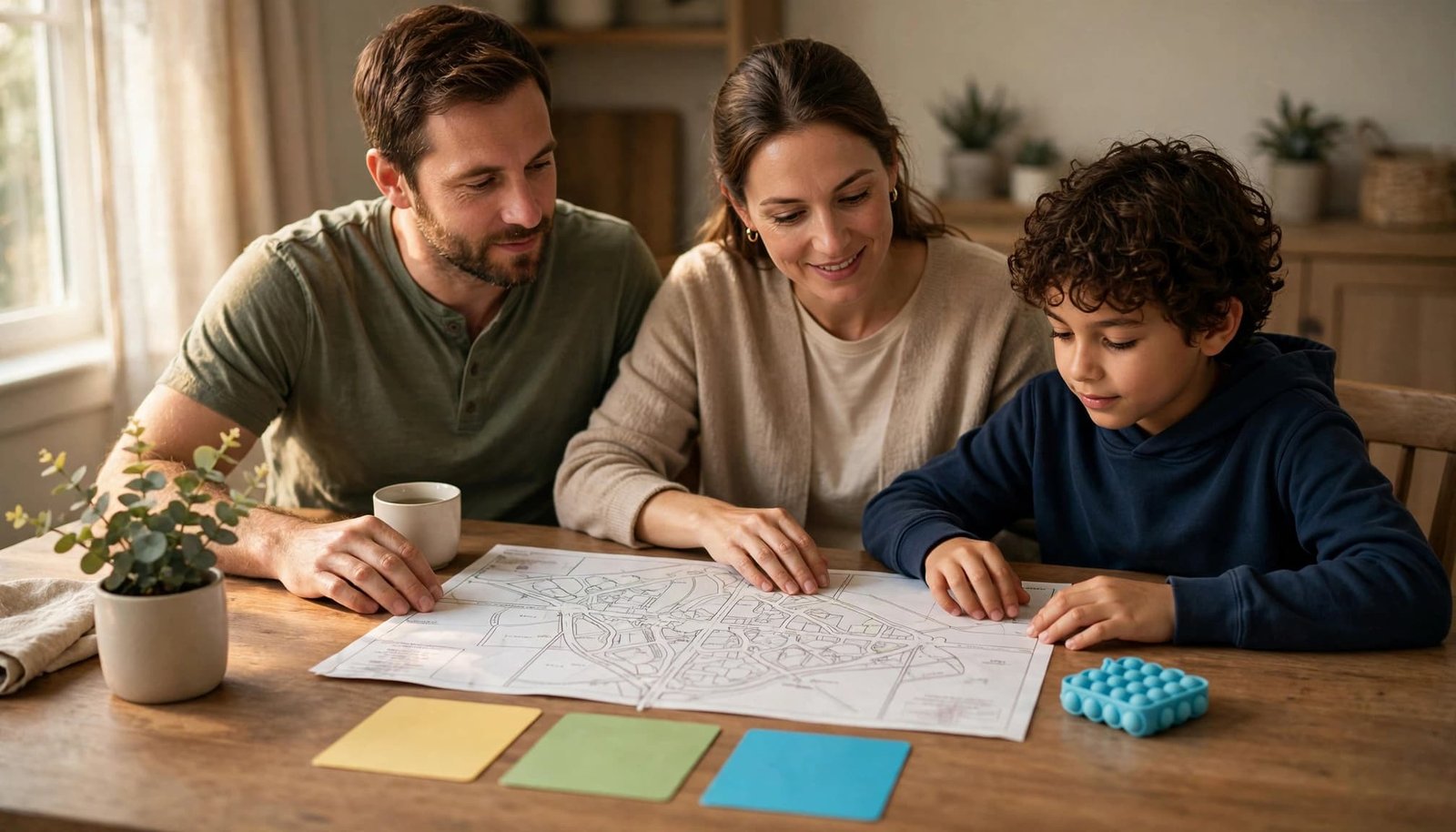 Disney With Autism: Plan a Family Trip Meeting Two parents and their child plan a theme park trip at the dining table.