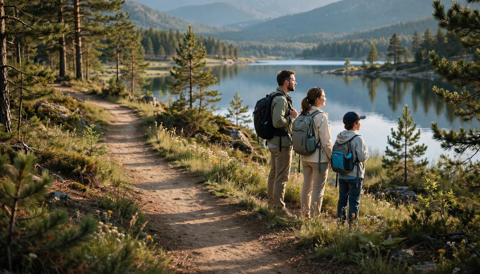 Traveling With Hemophilia: A Family Trip Safety Plan A family of three stands on a dirt forest trail looking out over a calm lake and mountains.
