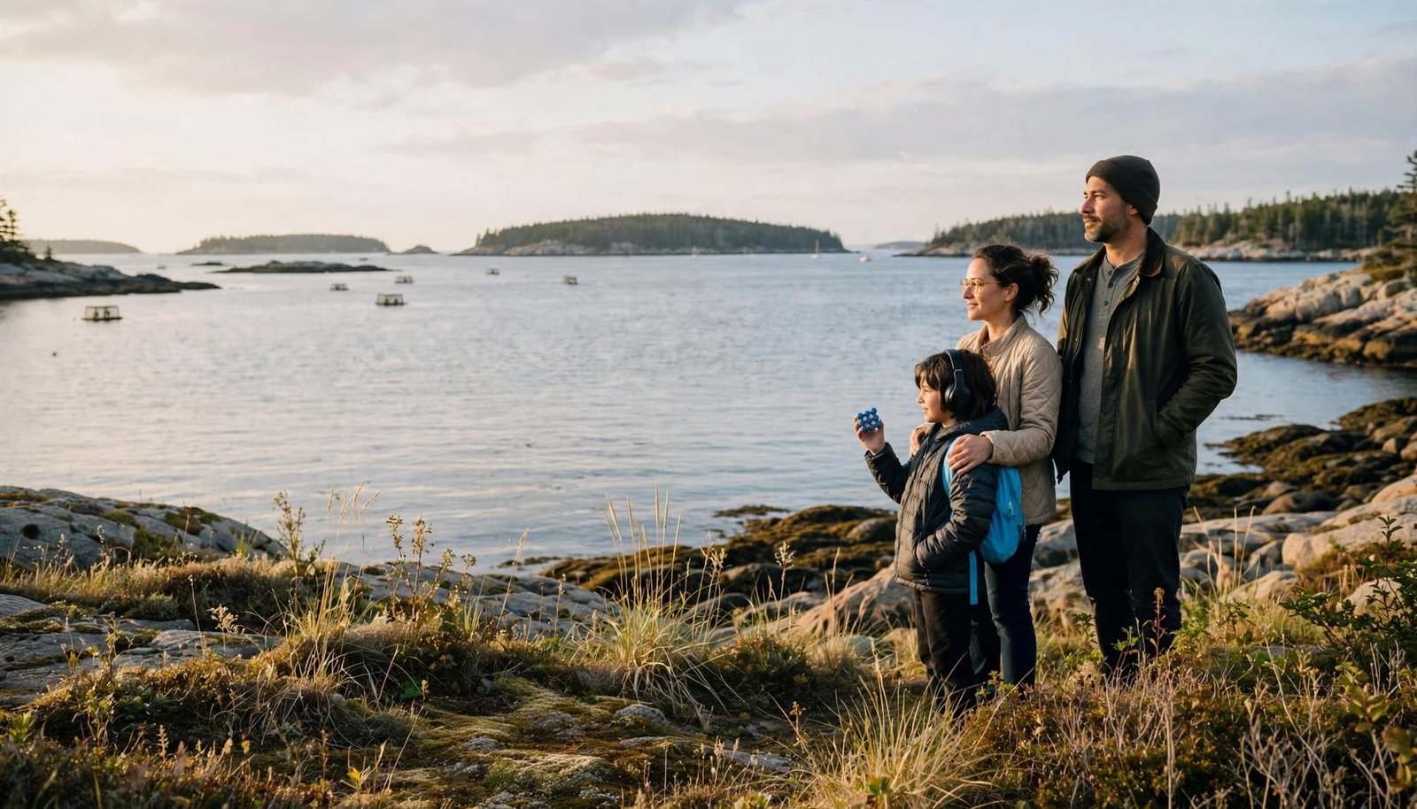 A family of three stands on a rocky Maine shoreline overlooking a calm harbor with distant islands.