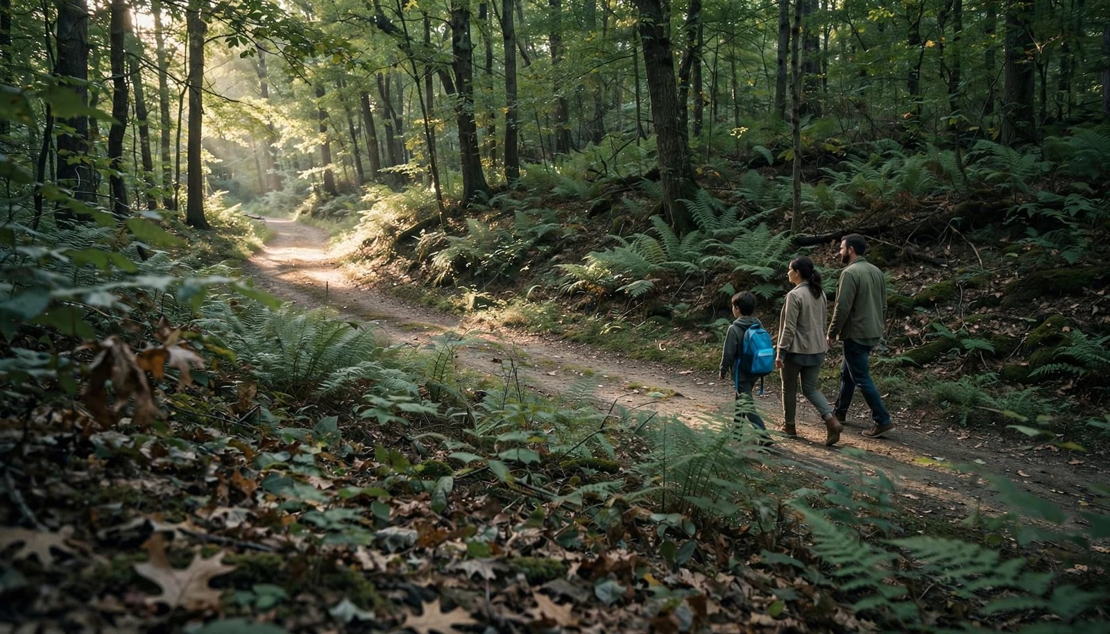 Autism-Friendly Baltimore: A First Family Vacation Guide A family of three walks along a shaded dirt path in a lush forest filled with ferns and tall trees.