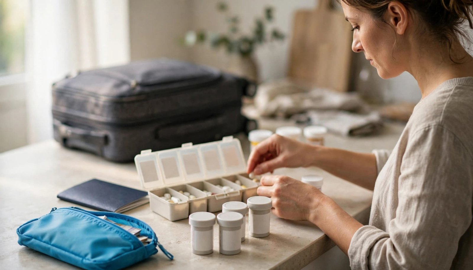 Managing Prescription Schedules Across Time Zones A woman organizes pills into a weekly organizer next to medicine bottles and a blue travel pouch.