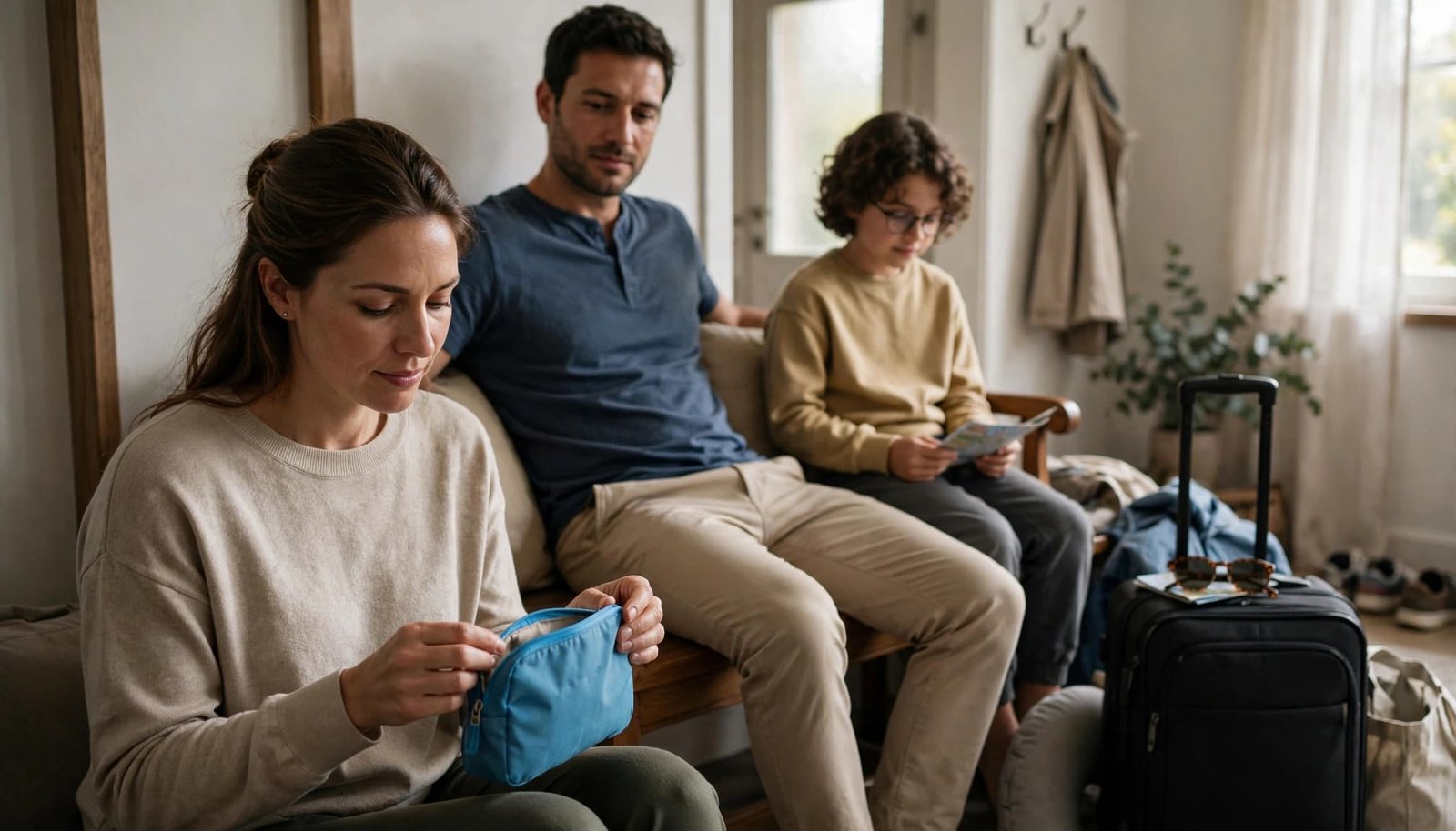 A family of three sitting together in a home entryway, with an adult opening a blue travel pouch.