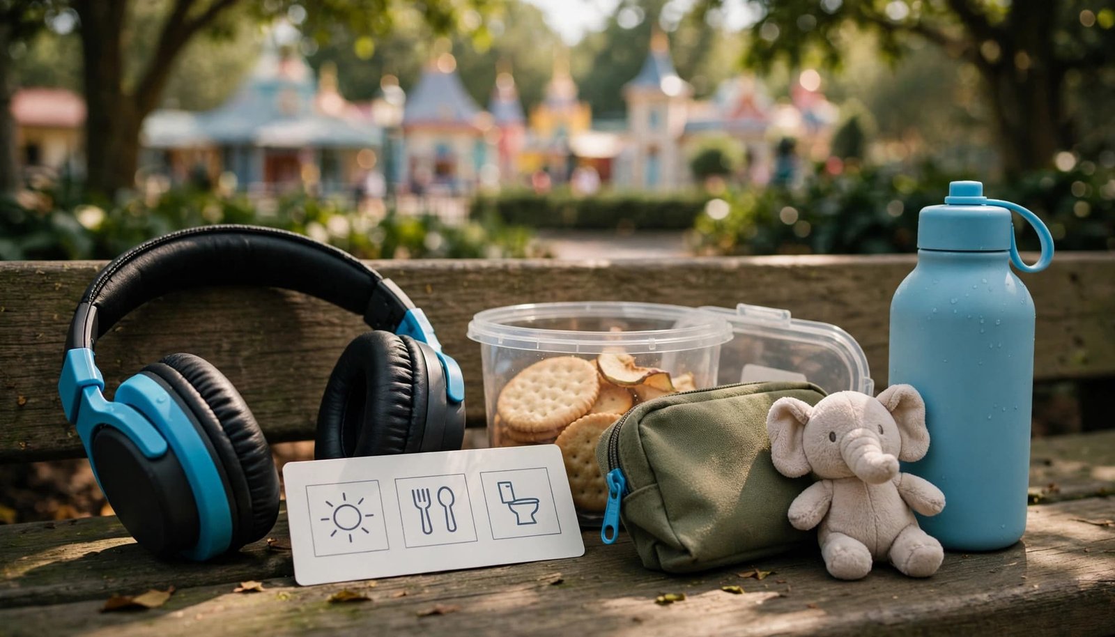 Headphones, a snack, a soft toy, and other comfort items arranged on a garden bench.