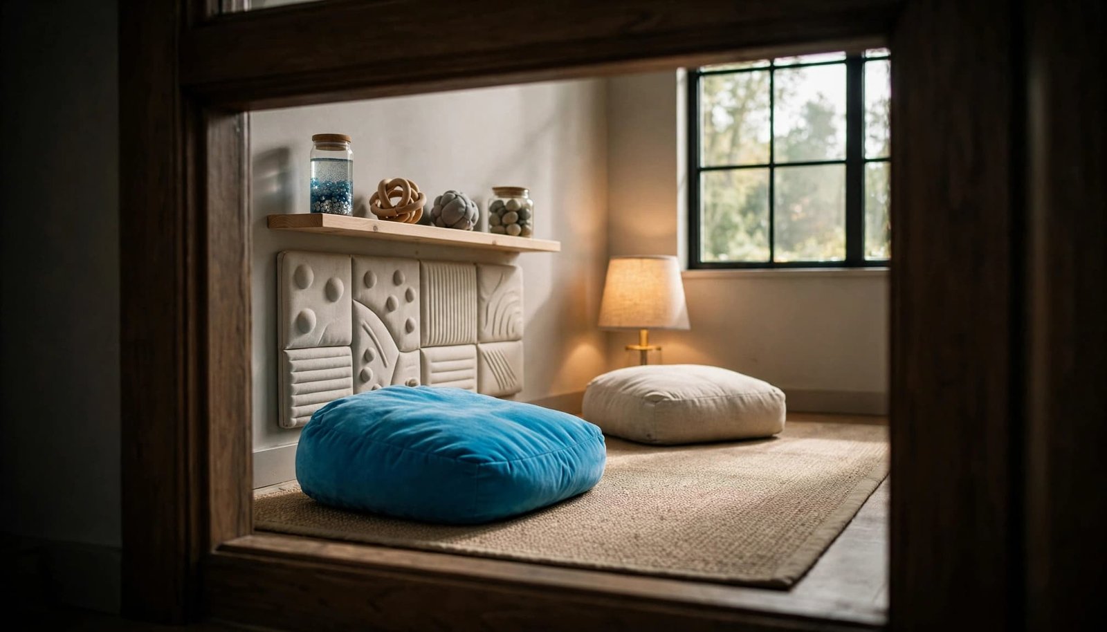 Autism-Friendly Baltimore: A First Family Vacation Guide A calm sensory room viewed through a doorway with a blue cushion, tactile wall panel, shelf, and window.
