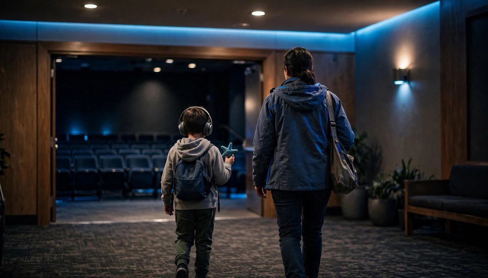 A parent and child walk toward a movie theater auditorium, wearing headphones and holding a toy.
