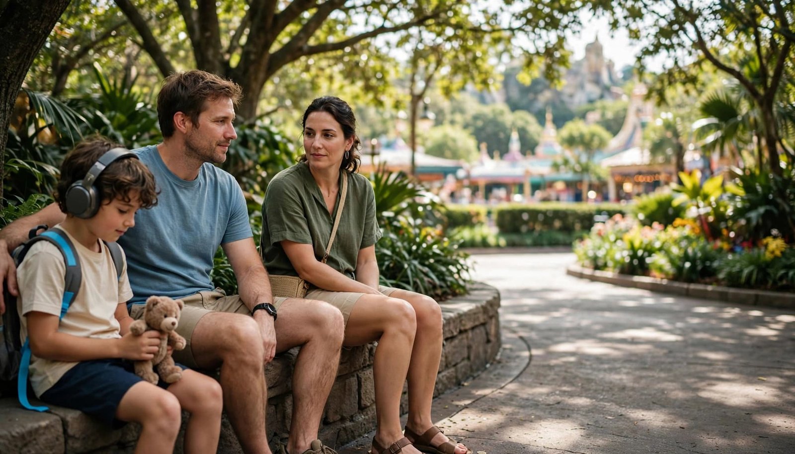 Disney World Autism Planning for Calmer Family Trips Two parents and their child take a quiet break beneath trees at a theme park.