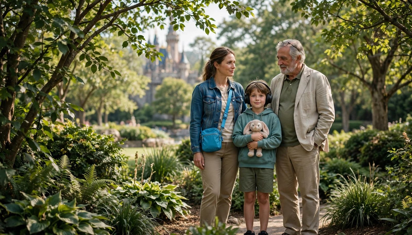 A child with headphones and a plush toy stands with a parent and grandparent in a shaded park.