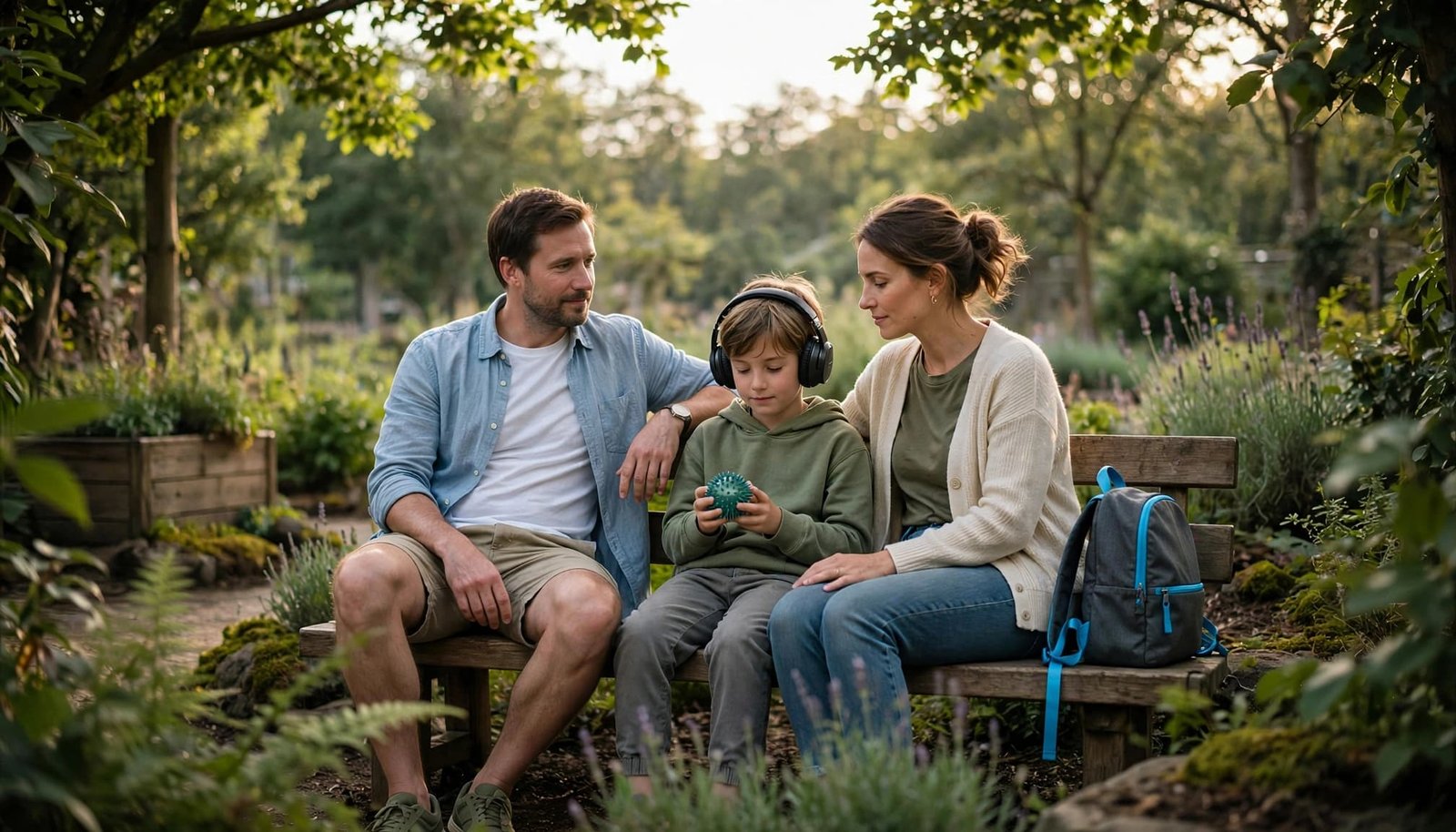 Hersheypark Autism Planning for Your First Family Visit Two parents and their child relax in a garden with headphones and a small toy.