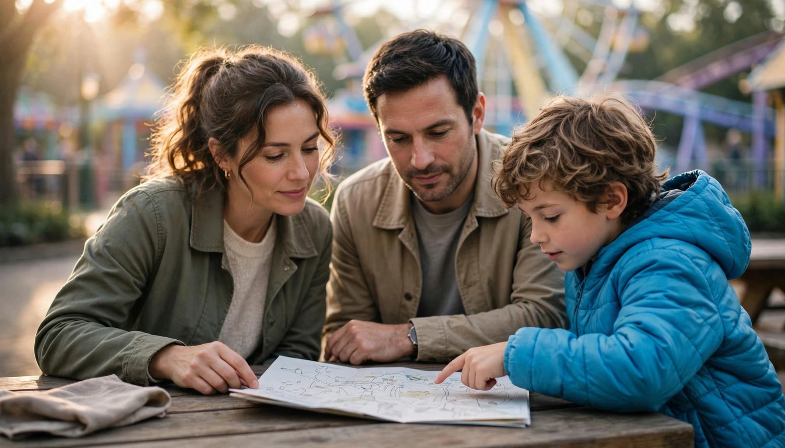 Hersheypark Autism Planning for Your First Family Visit Two adults and a child look at a folded park map at a picnic table.