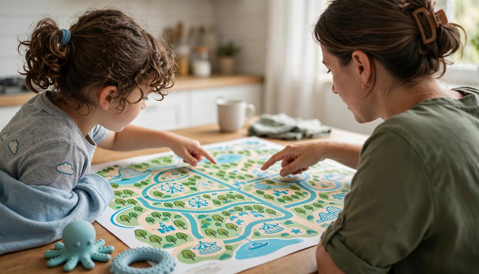 Preview Disney World Maps With Your Autistic Child A parent and child look at a colorful theme park map together on a kitchen table.