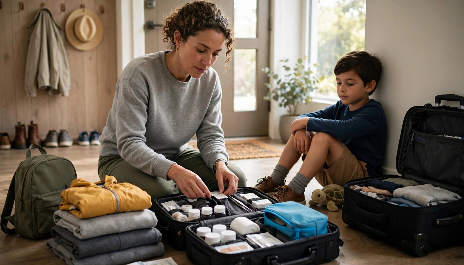 A parent organizes a travel medical kit as a child sits beside a packed suitcase.