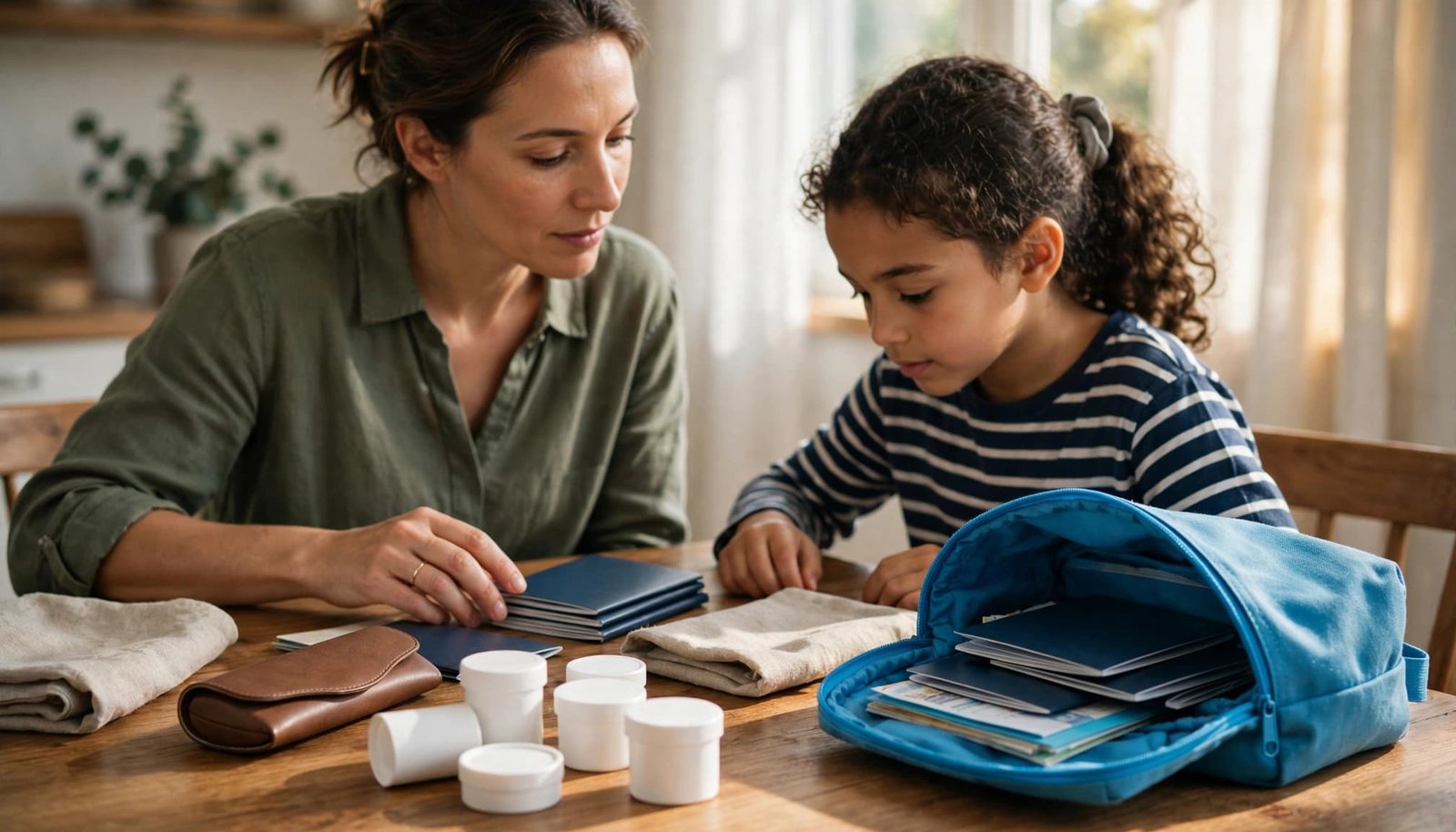 Traveling With Epilepsy: A Family Vacation Safety Plan An adult and child organize travel documents and containers at a table.