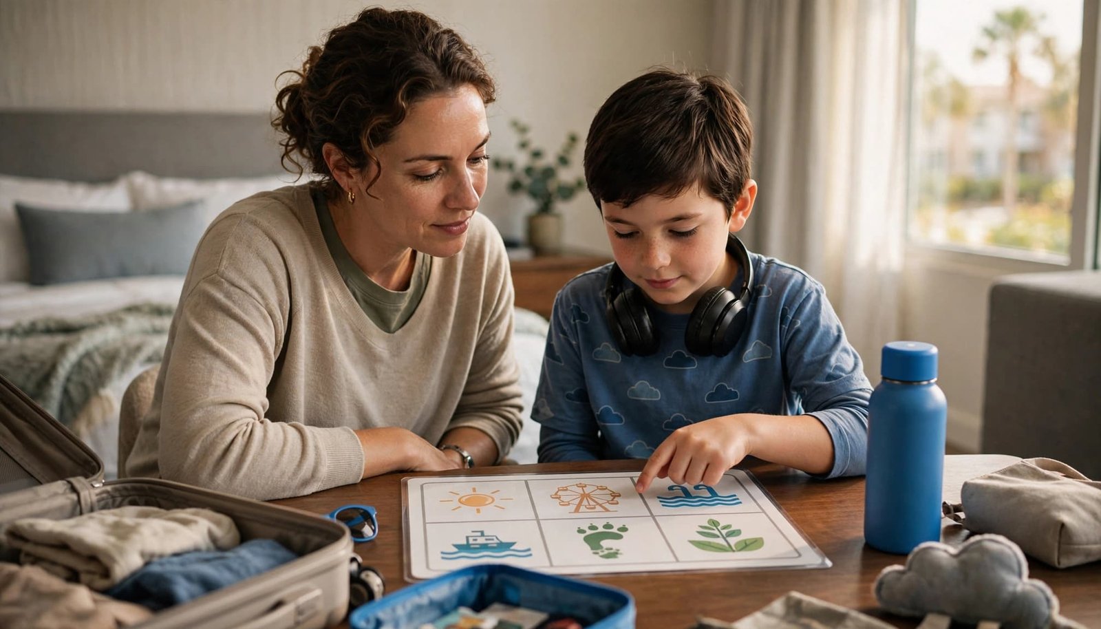 A parent and child review a visual schedule together at a table in a bright hotel room.
