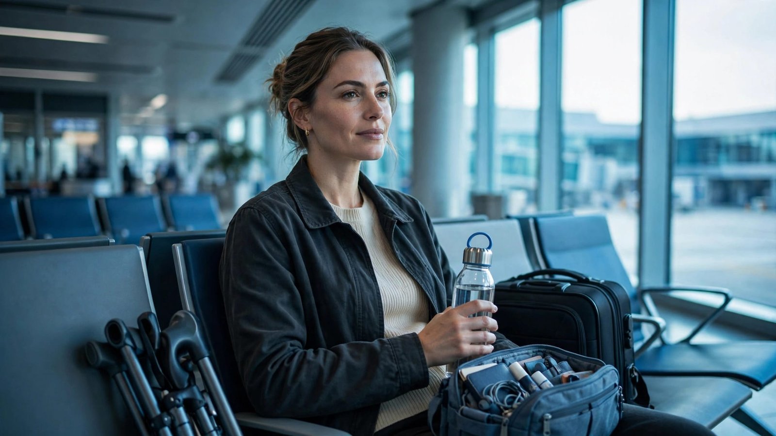 EDS Travel Tips: Plan Around Your Pacing and Mobility A woman at an airport gate sits beside luggage, a water bottle, and a folded mobility aid.