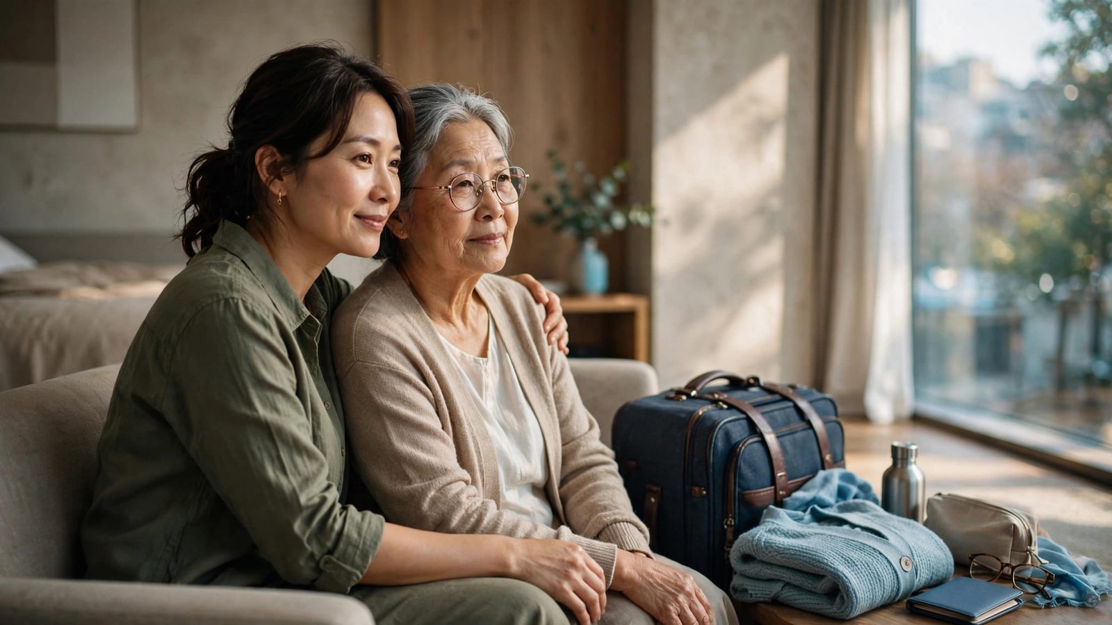A daughter sits beside her mother near a suitcase in a sunny hotel room.