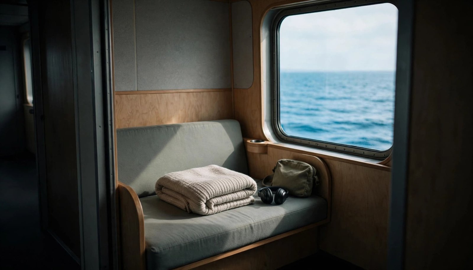 A quiet ferry cabin nook with a folded blanket, headphones, and a small bag on a seat next to a window showing the ocean.