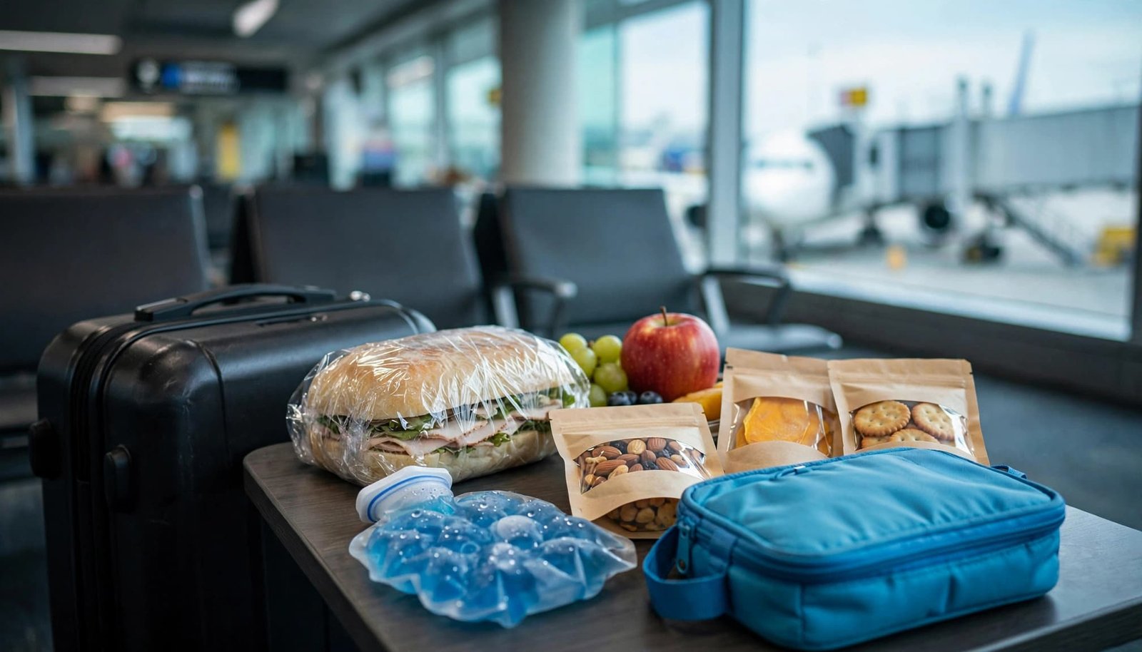 A travel food kit on a table at an airport with a sandwich, fruit, snacks, ice pack, and blue pouch.