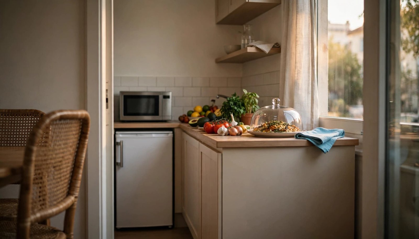 A bright small vacation rental kitchenette with a mini fridge, microwave, fresh produce, and a covered meal.