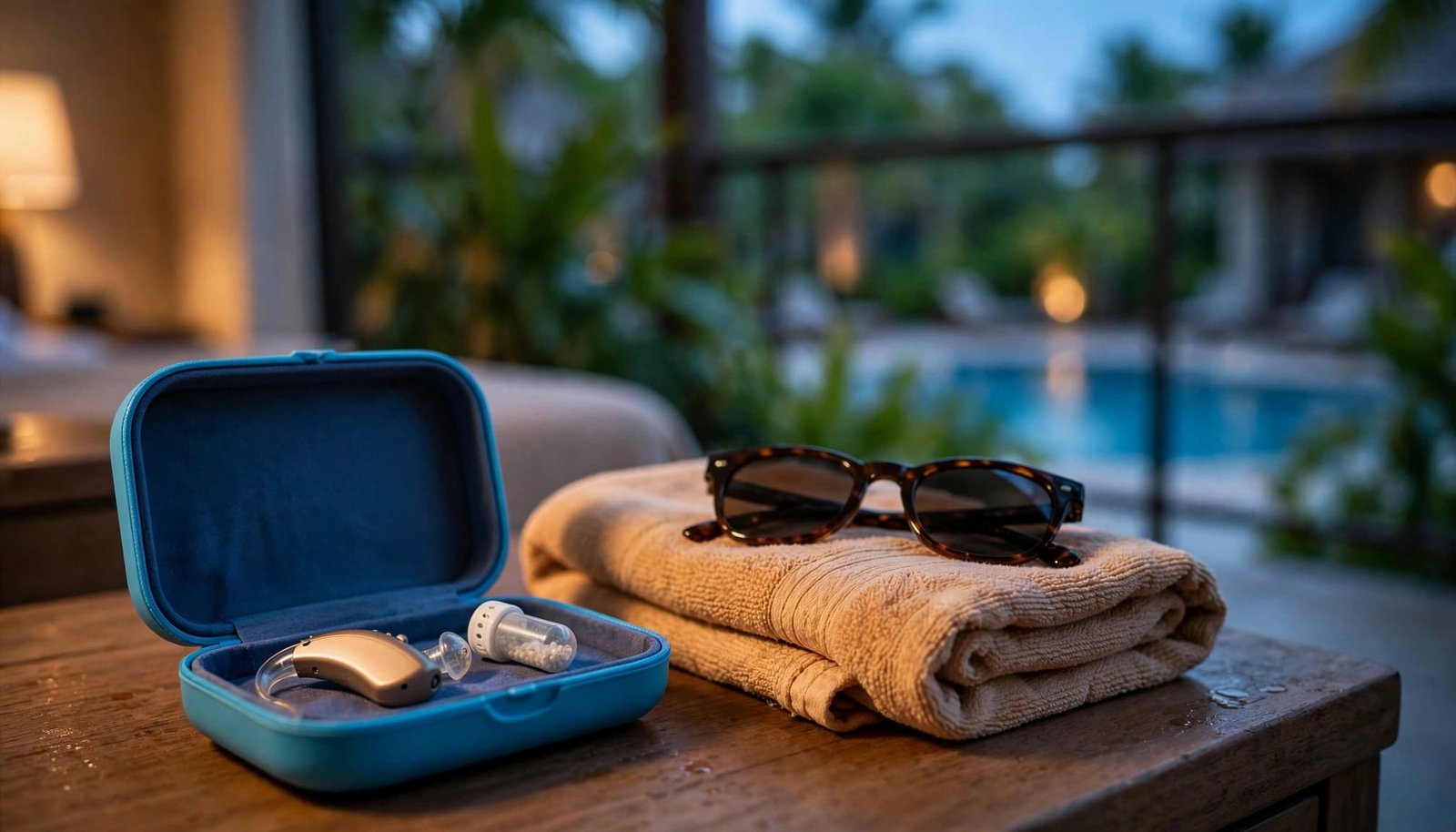 Traveling With Hearing Aids: Airport and Hotel Care A hearing aid and capsule in a blue case beside sunglasses and a towel.
