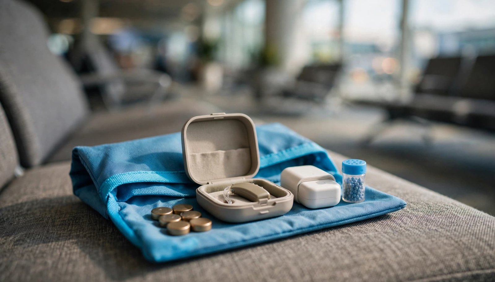 Traveling With Hearing Aids: Airport and Hotel Care A hearing aid travel kit with case, batteries, charger, and drying capsule on a blue pouch.