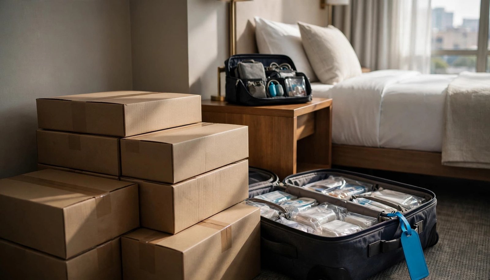 Traveling With Dialysis: A Family Vacation Planning Guide Sealed dialysis supply boxes sit beside an open suitcase in a hotel room.