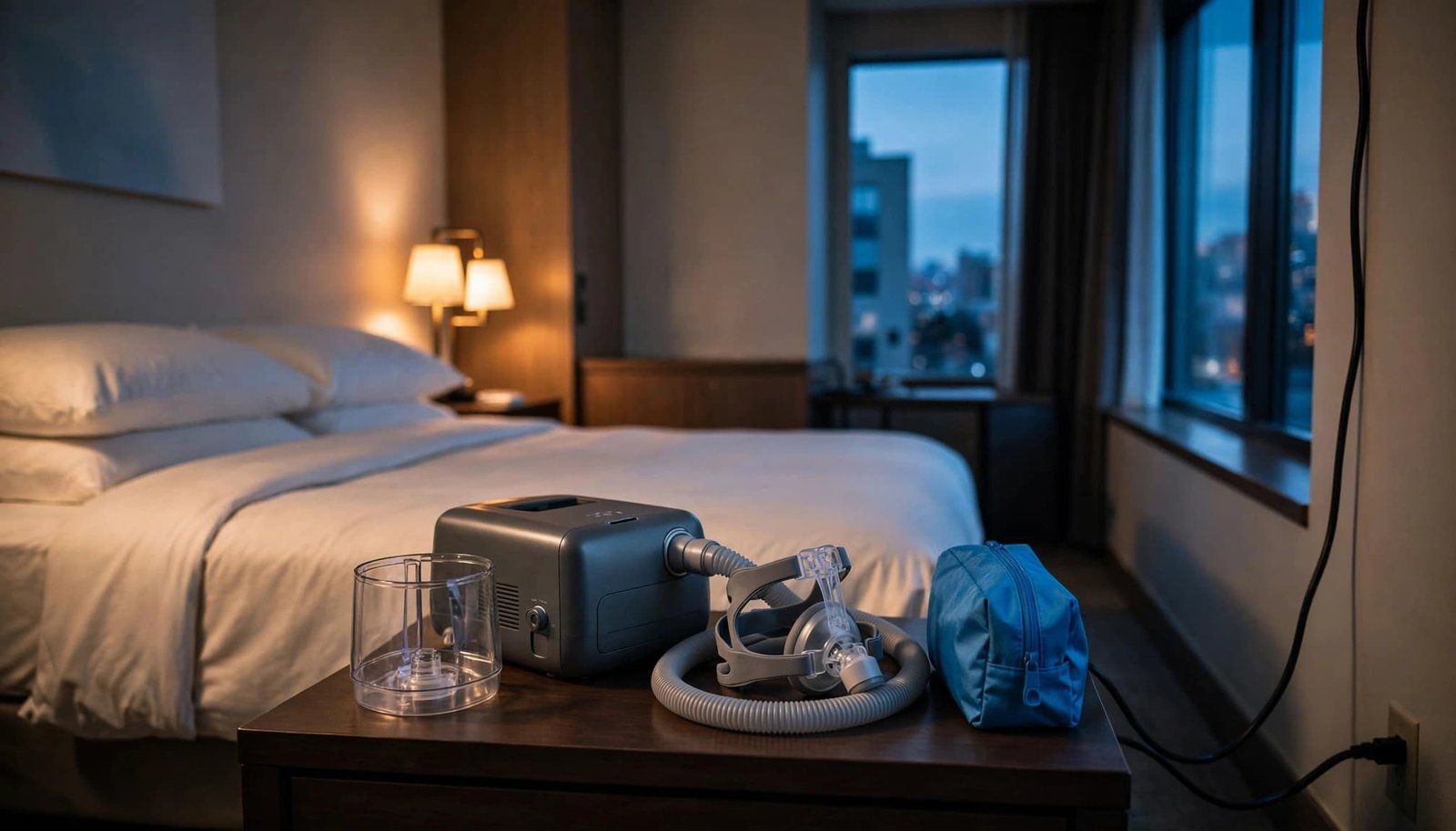 A CPAP machine and neatly arranged mask sit on a hotel nightstand beside an empty humidifier chamber.