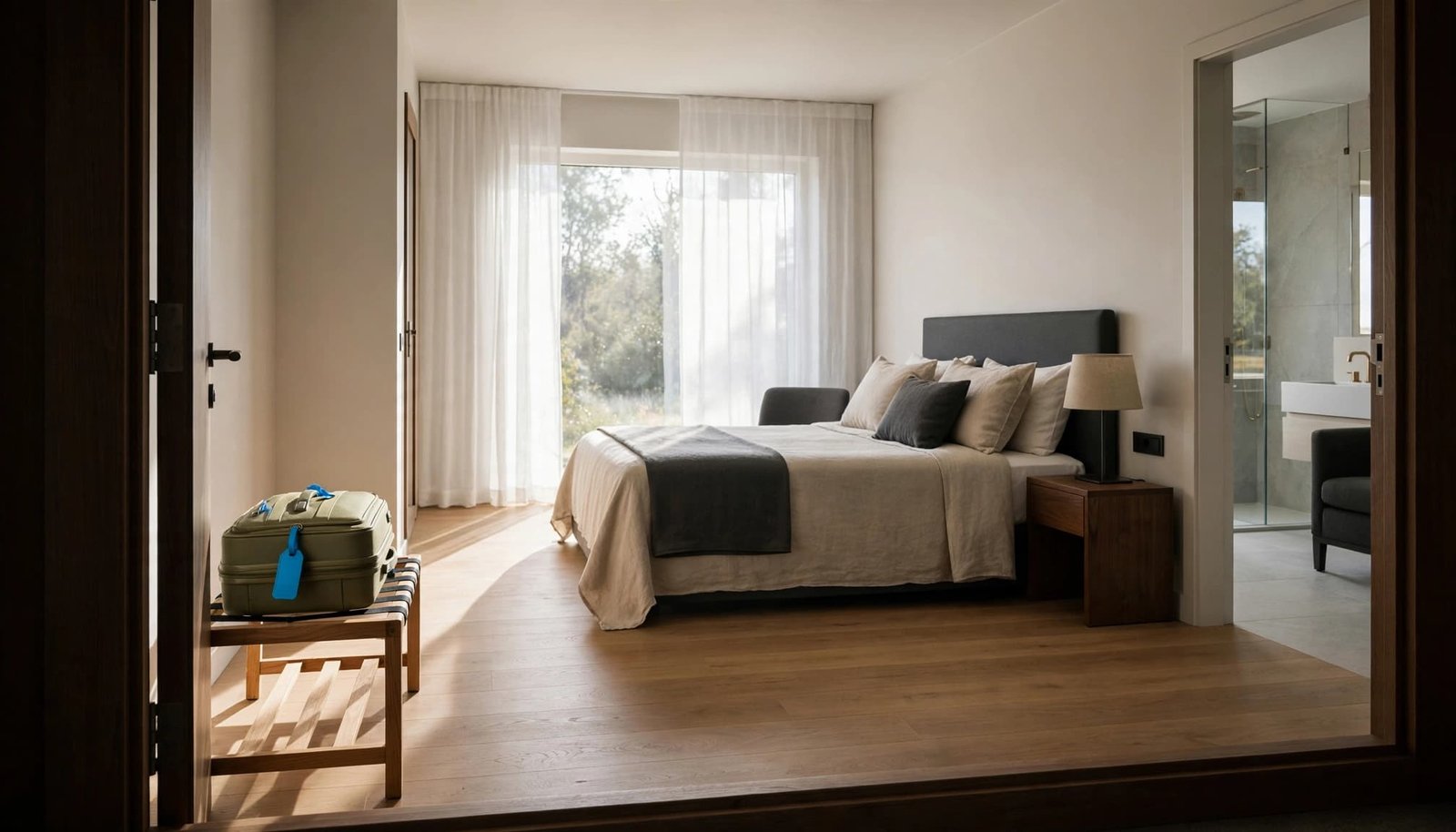 Low Vision Travel: Your Airport and Hotel Plan A tidy hotel room with a made bed, a suitcase on a rack, and a view into the bright bathroom.