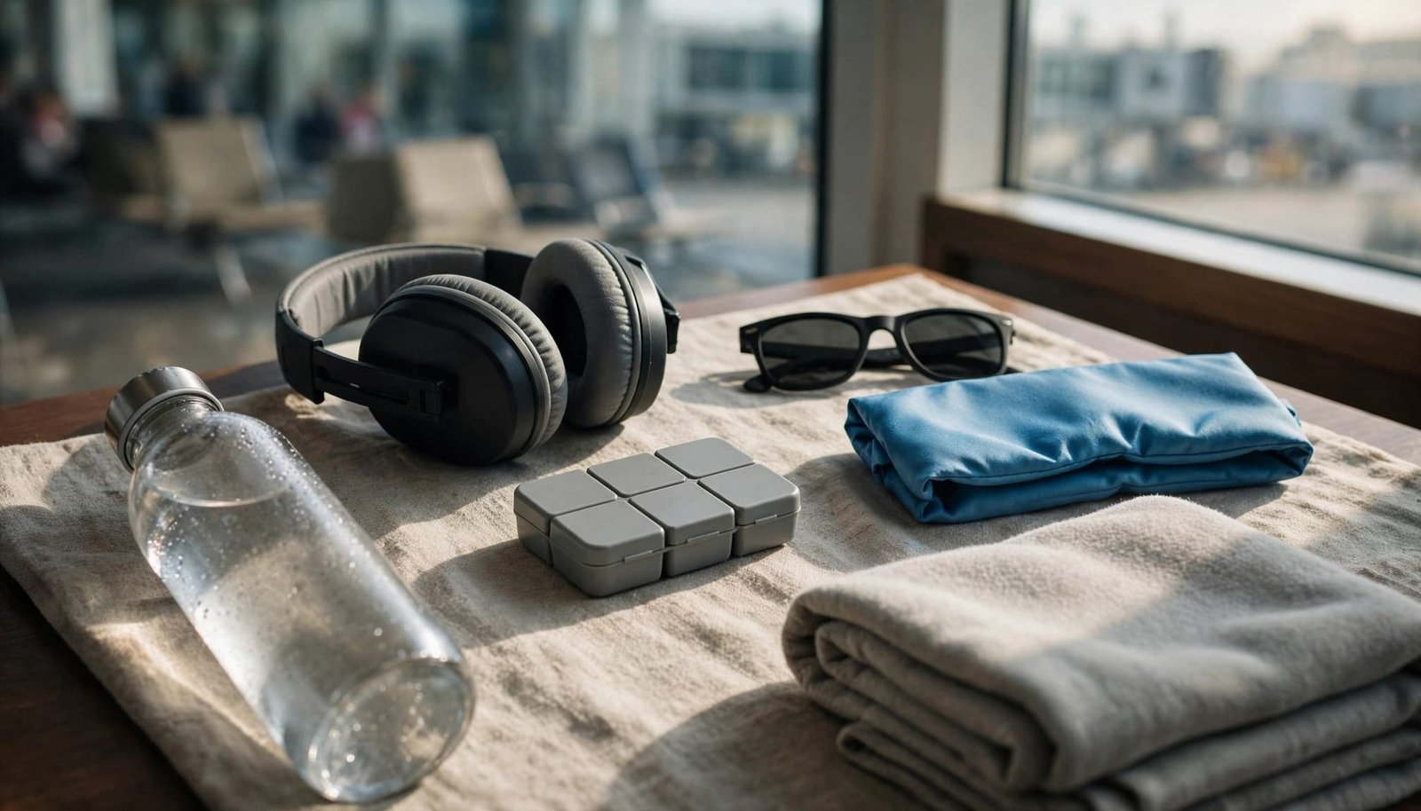 Traveling With a Brain Injury: Fatigue and Sensory Needs A travel kit on a table with a water bottle, headphones, sunglasses, pill case, eye mask, and folded cloth.