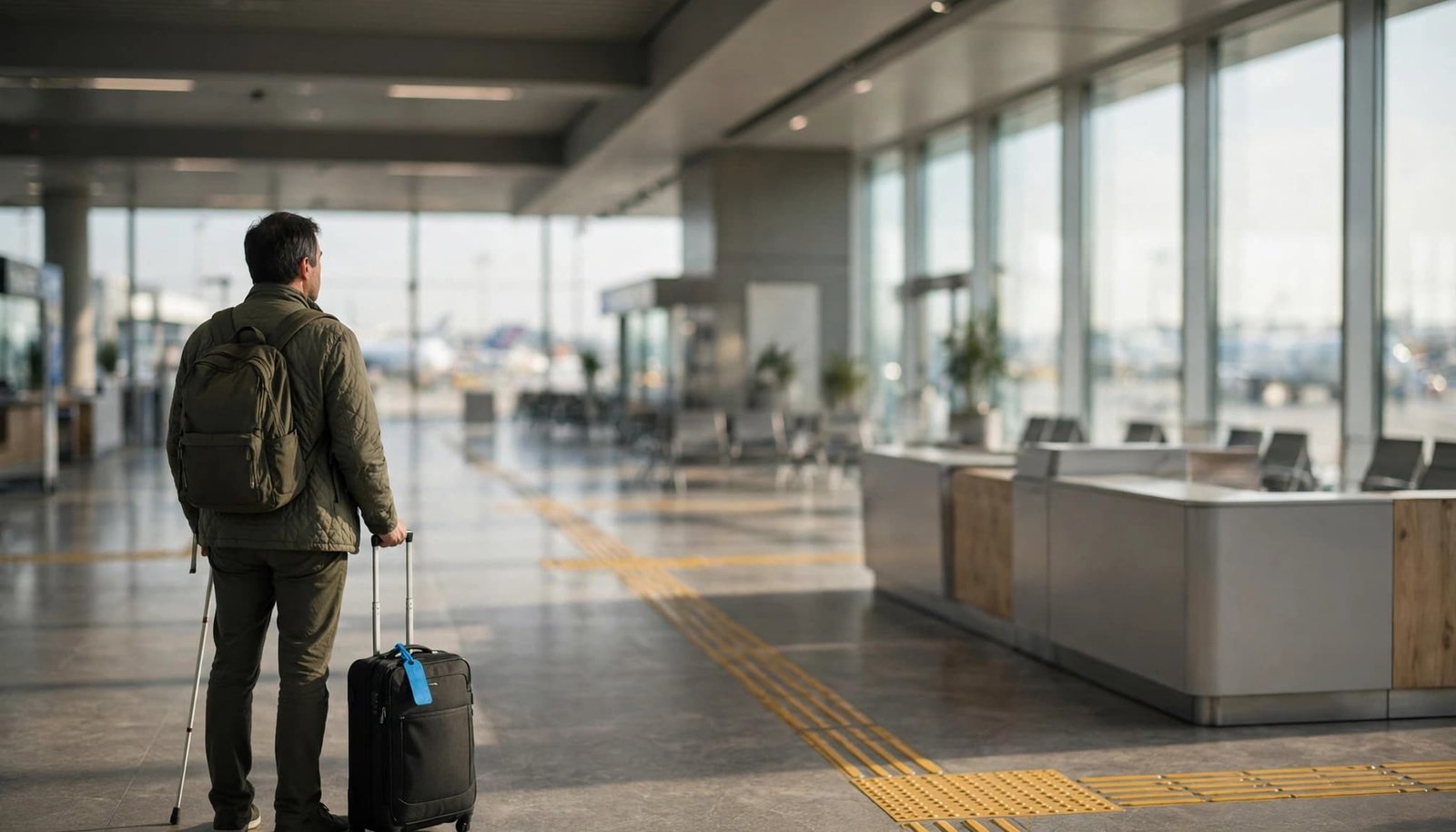 Low Vision Travel: Your Airport and Hotel Plan A traveler with a white cane and backpack stands with luggage in an airport terminal.