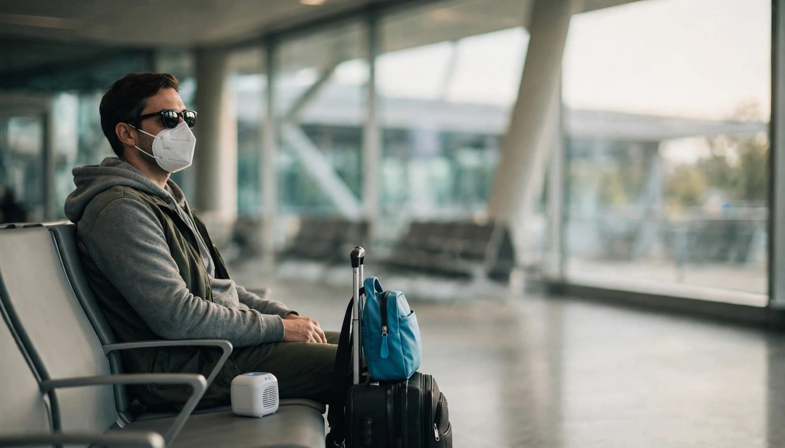 A traveler wearing sunglasses and a mask sits in an airport terminal with a suitcase and HEPA filter.